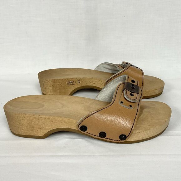 Dr Scholls Original Collection Clog Sandal Sz 6 Tan Leather Wooden Heel Shoe - Picture 1 of 10